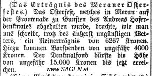 Sammlung für das Andreas Hofer Denkmal in Meran zum Osterfest 1908