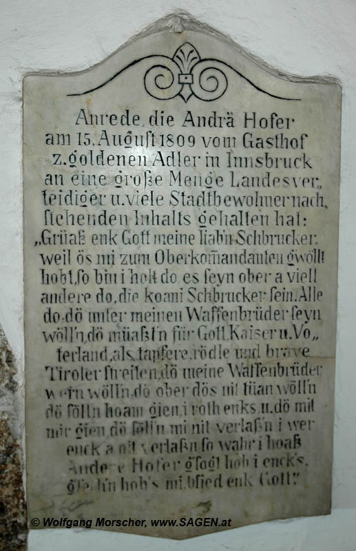 Anrede Andrä Hofer, Gasthof zum Goldenen Adler Innsbruck © Wolfgang Morscher