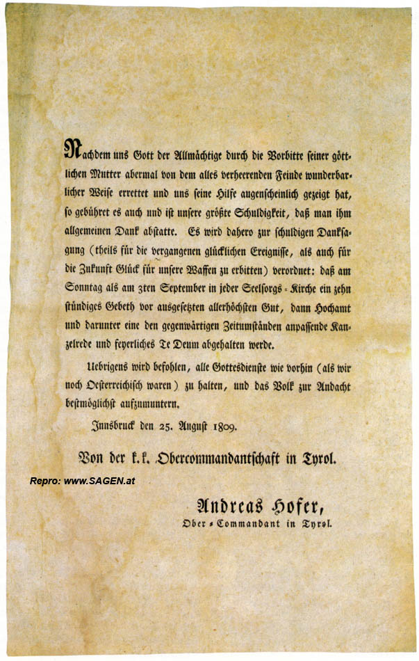 Andreas Hofer 25. August 1809. Danksagungs-Verordnung
