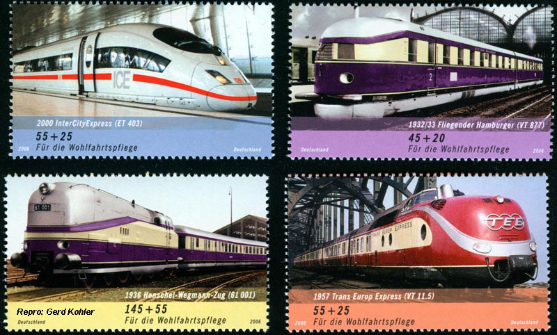 Briefmarken Eisenbahnmotive Deutschland 2006, 2000 InterCityExpress (ET 403), 1932/33 Fliegender Hamburger (VT 877), 1936 Henschel-Wegmann-Zug (61 001), 1957 Trans Europ Express (VT 11.5)