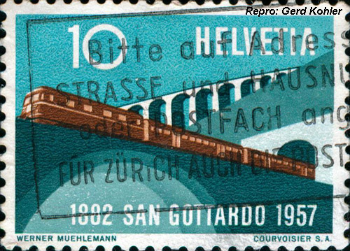 Briefmarken Eisenbahnmotive Helvetia 1957, 1882 San Gottardo 1857