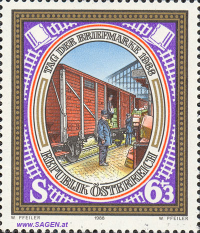 Briefmarke "Tag der Briefmarke 1988"; Motiv: Postwagon. 