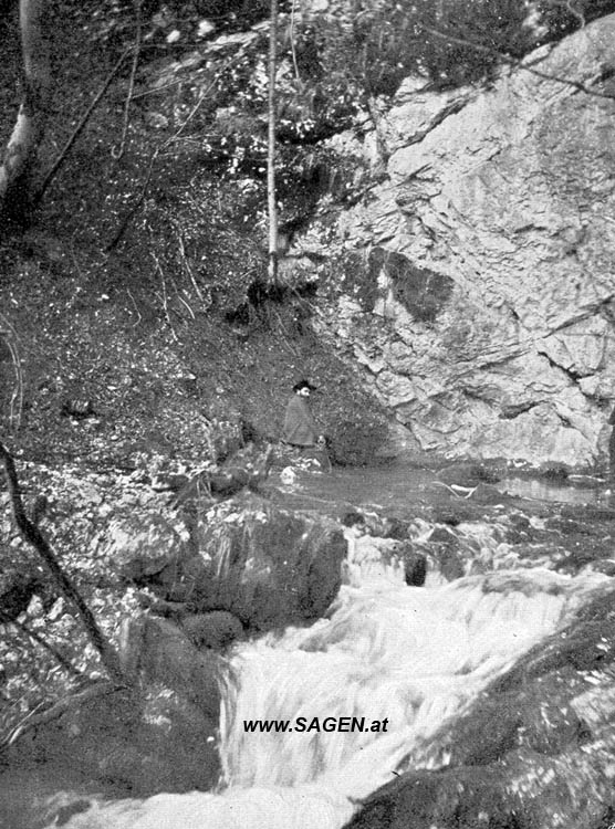 Quelle am Fuße einer 25 m hohen lotrechten Felsenwand: Wasserfall. St. Georgen am Reith.