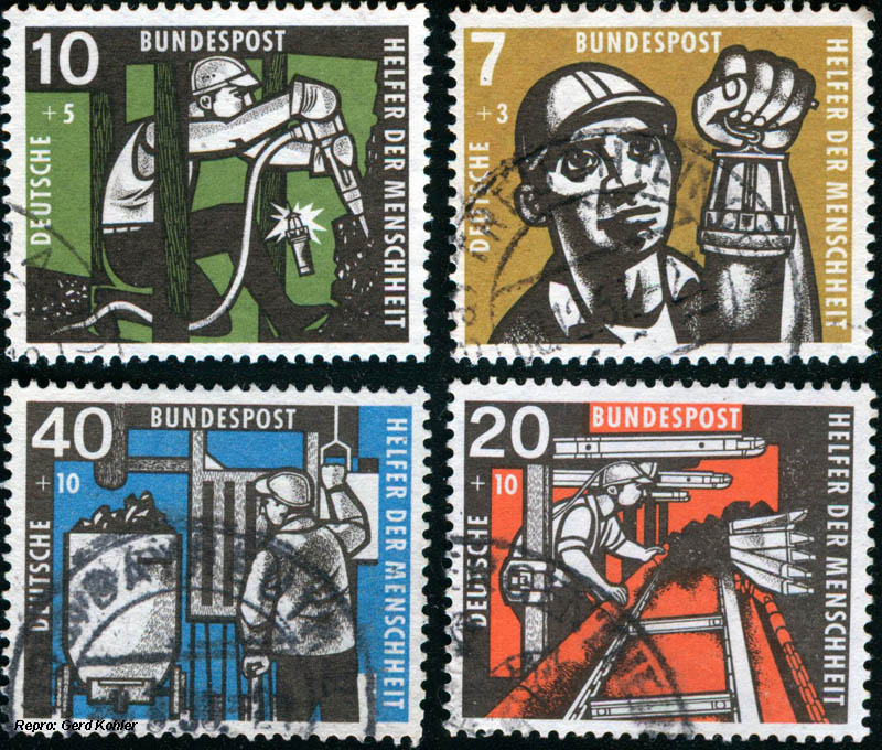 Briefmarkenserie Bergbau "Helfer der Menschheit", Deutsche Bundespost 1957