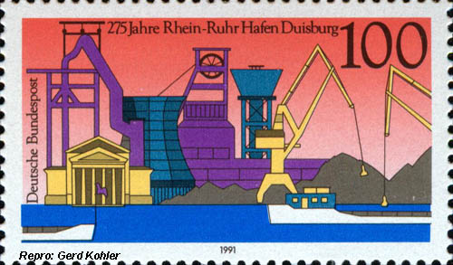 Briefmarke Bergbau "275 Jahre Rhein-Ruhr Hafen Duisburg", Deutsche Bundespost 1991