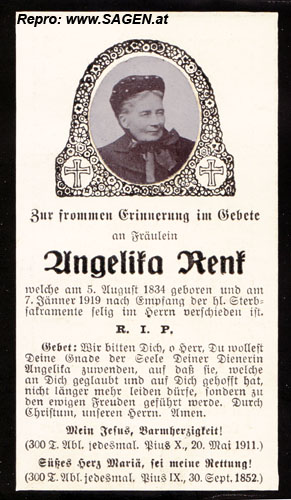 Angelika Renk, geboren am 5. August 1834, gestorben am 7. Jänner 1919