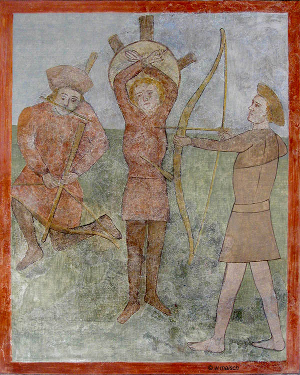 Martyrium des hl. Sebastian, spätgotisches Fresko in der Dorfkirche von Holzschwang