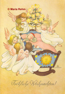 Weihnachtsgrußkarte, Engel mit Christbaum und Wiege © Maria Rehm
