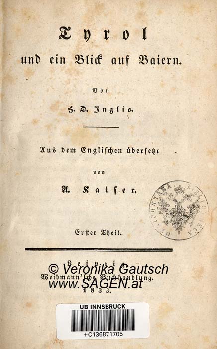Reiseliteratur: Inglis, 1833; © Digitalisierung: Veronika Gautsch, www.SAGEN.at