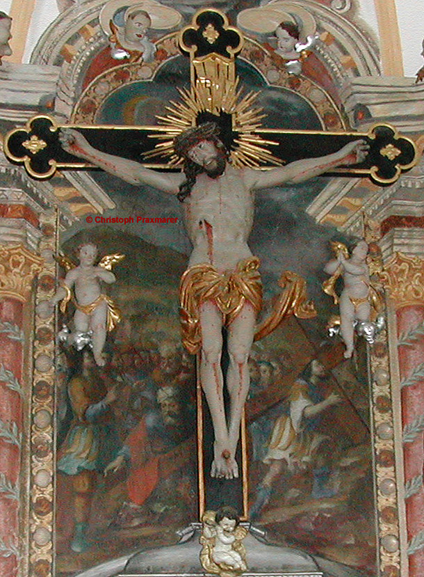 Kruzifix, Dreinageltypus, mit Seitenwunde und Einschußloch